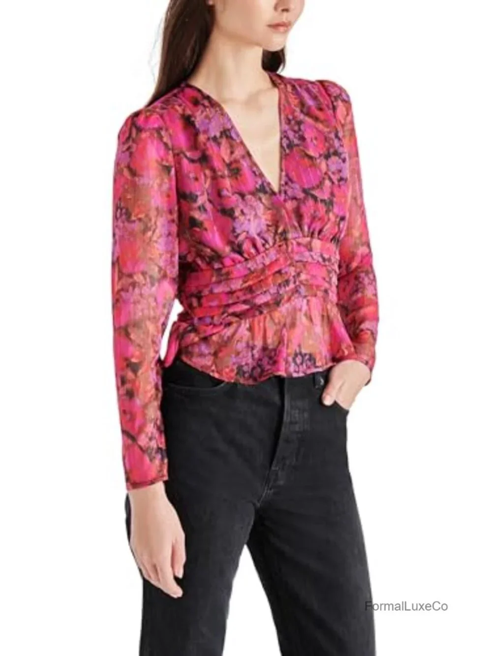 Floral Peplum Blouse V-Neck 3/4 Sleeve Polyester Bow Detail